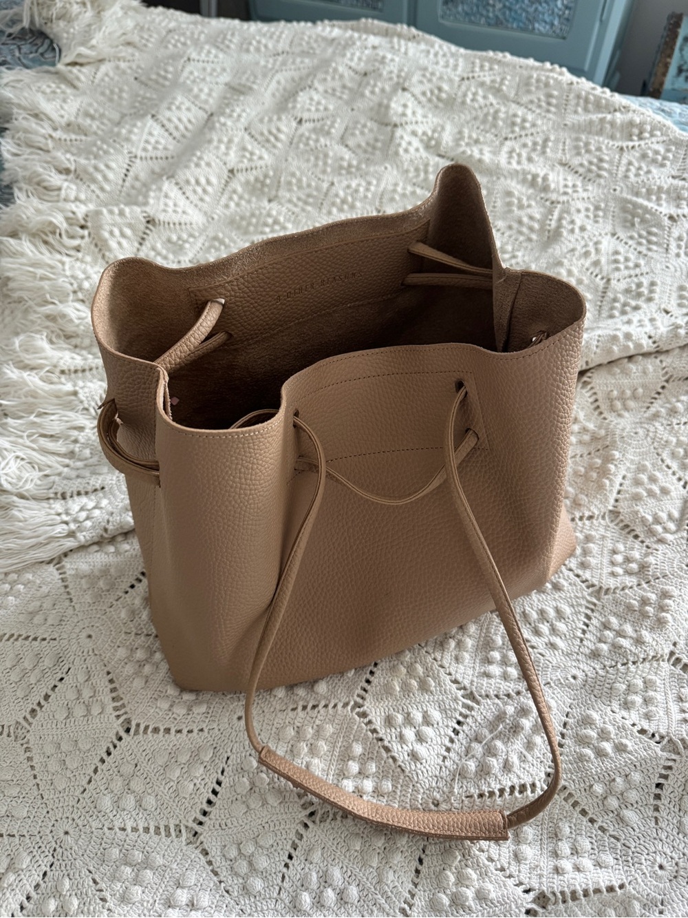 8 Other Reasons Pebbled Leather Drawstring Tote in Taupe